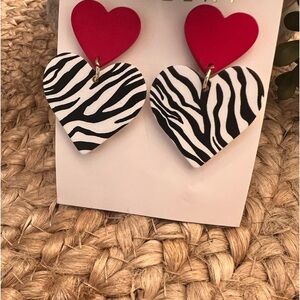 Zebra Black and White Red Heart Dangle Earrings